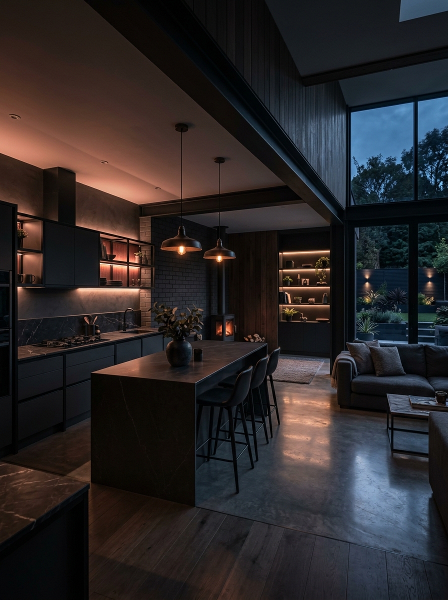 High quality modern domestic construction project kitchen and living space